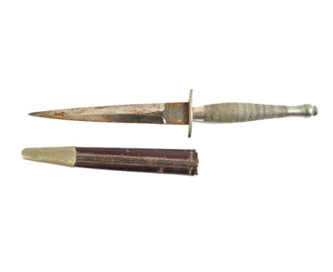 A Fairburn Sykes fighting knife, circa 1940, with a double edged steel blade, 16.7cm, with Wilkinson sword engraved logo, knu