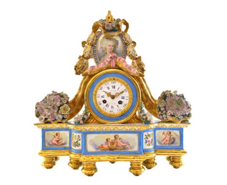 A French porcelain mantel clock, early 19th century, with a porcelain portrait plaque surmount over a drum case and white ena