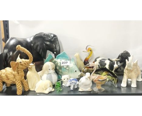 A collection of wood, ceramic, and glass animals, etc, largest 20cm.