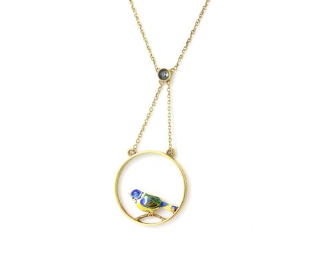 A 15ct enamelled bird pendant on a 9ct gold chain, pendant length 2cm, set with an aquamarine. Small damage to bird's tail en