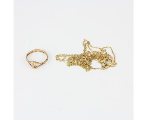 Three 9ct yellow gold chains together with a 9ct ring depicting letter E, ring size L.5. Total weight approx. 4gr.&nbsp;