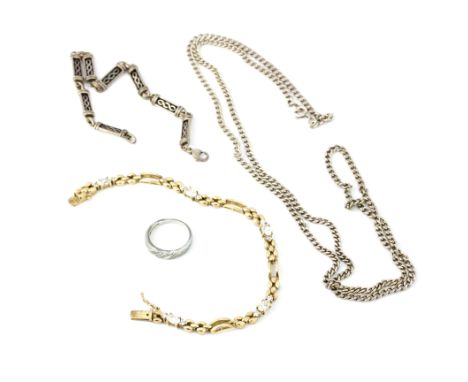 A 925 silver flart curb chain necklace, together with two silver bracelets and a silver ring.