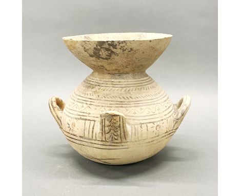 Antiquities interest. An early two handled hand painted pottery spittoon, W. 27cm H. 23cm. Prov: N. Forbes collection, probab