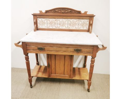 A marble topped and tile backed pine washstand with drawer and cupboard underneath, 108 x 106 x 48cm. Prov. Little Wakering H