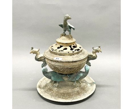 A large Chinese bronze censer mounted with birds, H. 38cm.