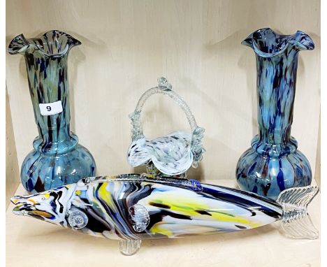 A group of four end of day glass items, Vase H. 31cm.