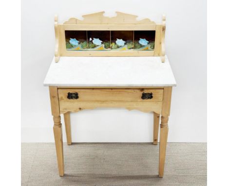 A marble topped and tile backed pine washstand, 104 x 76 x 42cm.