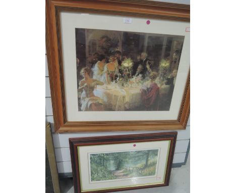 Two prints including pine frame