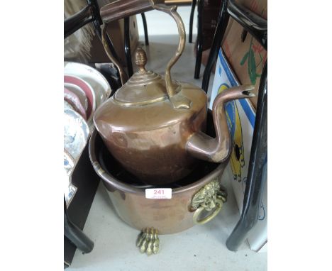A selection of copper wares including copper stove kettle and planter 