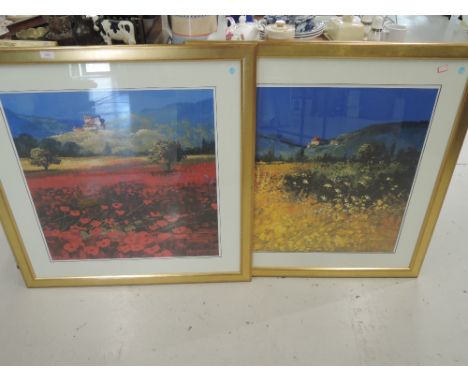 Two large impressionist prints of fields in flower