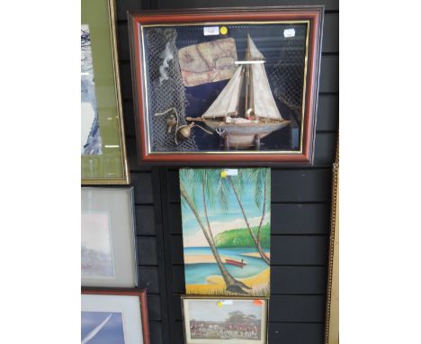 A nautical theme display case, hunting print and oil on board