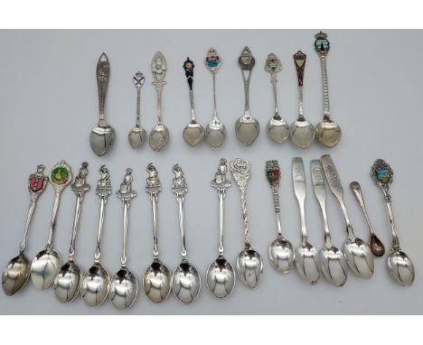 A Selection of Sterling silver and enamel souvenir spoons together with various plated spoons 