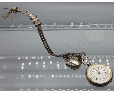 Antique Silver Swiss 935 gents half hunter pocket watch. Together with a white metal albert chain heart shaped compass fob an