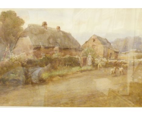 Victorian gilt framed watercolour of Shepherdess, sheep and cottage by R W Milliken, 31 x 48 cm 