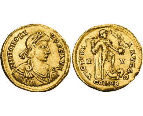 AD 393-423. Honorius Av. solidus, AD 393-423, Ravenna mint. Struck AD 402-406. DN HONORIVS PF AVG; pearl-diademed, draped and