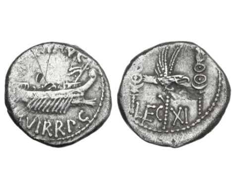 32-31 BC. Mark Antony Ar. legionary denarius, 32-31 BC. ANT AVG III VIR R P C; praetorian galley right. Rev. LEG XI; legionar