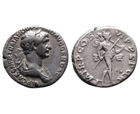 AD 114-117. Trajan Ar. denarius, AD 114-117, Rome. IMP CAES NER TRAIANO OPTIMO AVG GER DAC; Bust of Trajan, laureate, draped,