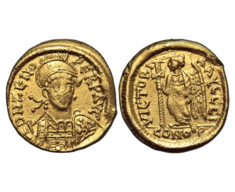 AD 476-491. Zeno Av. solidus, AD 476-491, Constantinople mint. D N ZENO PERP AVG; pearl-diademed, helmeted and cuirassed bust