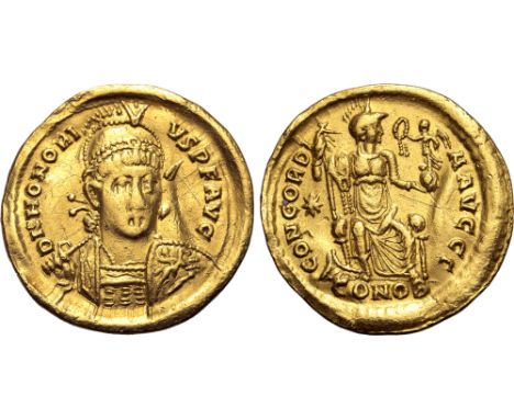 AD 408-420. Honorius Av. solidus, AD 408-420, Constantinople mint. . D N HONORIVS P F AVG; pearl-diademed, helmeted and cuira