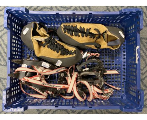 PAIR OF VINTAGE CLIMBING SHOES &amp; STRAP ON CRAMPONS