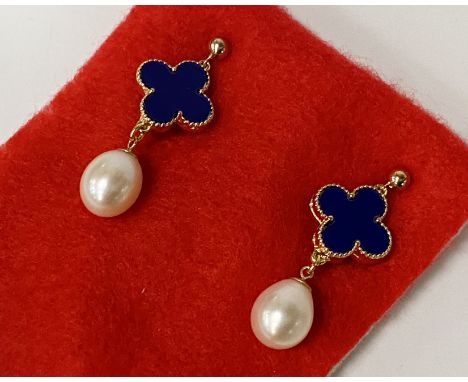 9CT GOLD SOUTH SEA PEARL BLUE CLOVER STUD EARRINGS