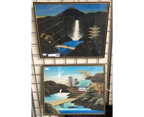 TWO VINTAGE JAPANESE PAINTINGS ON SILK 42CMS (H) 34CMS (W) INNER FRAME 