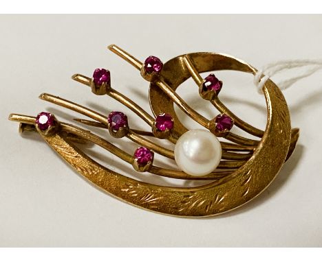 14 CARAT RUBY &amp; PEARL BROOCH 8.4 GRAMS APPROX
