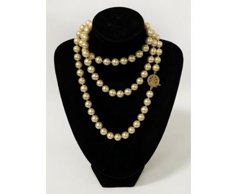 FAUX PEARL NECKLACE WITH 14 CARAT GOLD CLASP - 40'' LENGTH