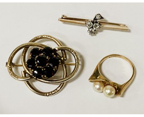 9 CT. GOLD PEARL RING, DIAMOND BROOCH &amp; GARNET BROOCH