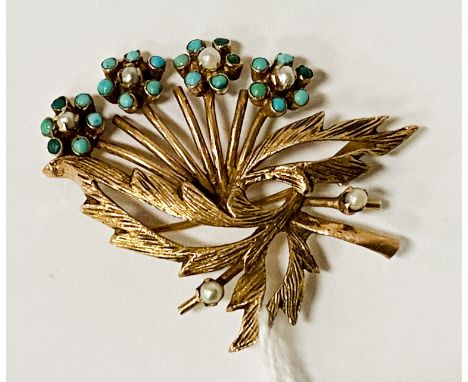 18 CARAT TURQUOISE &amp; SEED PEARL ANTIQUE BROOCHG 9.6 GRAMS APPROX