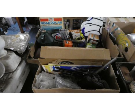 A Box Containing Vintage Bicycle Seat, Cycling Accessories together with a Box Containing Hurricane Lamp, Atlas, Tins etc 