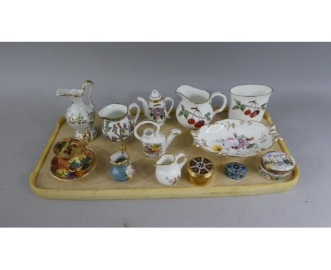 A Tray of Miniature Ceramics to Include Royal Crown Derby, Royal Worcester, Coalport Together with Three Enamelled Boxes 