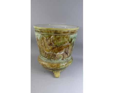 A Late 19th Century Majolica Circular Planter Decorated in Relief with Donkeys and Oak Tress, 32cm Diameter and 38cm High (Tw