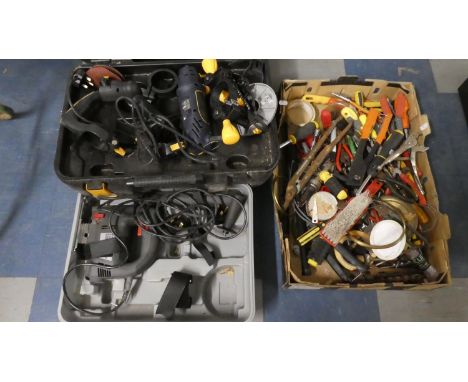 Two Cased Electric Power Tools and a Box Containing Spanners, Screwdrivers etc 