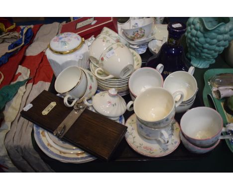 A Tray Containing Various Ceramics to Include Wedgwood Raspberry Teacups and Saucers, Aynsley Little Sweetheart Octagonal Sto