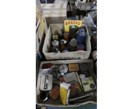 Two Boxes Containing Vintage Tins and Tools 