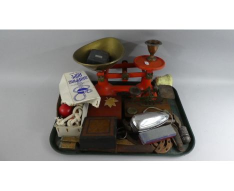 A Tray of Sundries to Include Kitchen Scales, Postage Scales, Postage Scales, Treen Boxes, Skipping Rope, Bell etc 