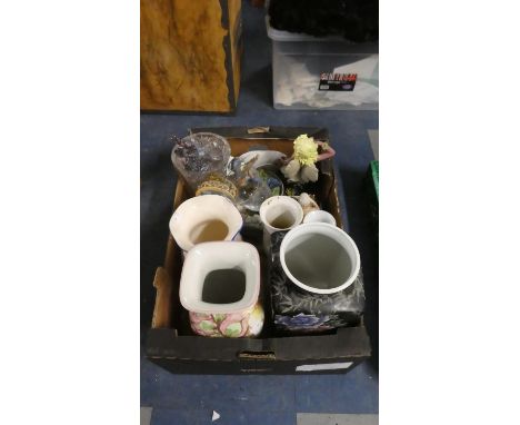 A Box Containing Various Ceramic Vases, Animal, Figural and Bird Ornaments etc 