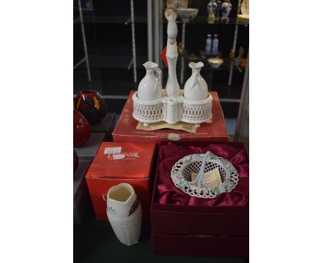 A Collection of Three Boxed Ceramic Items to Include Donegal Vase, Celtic Weave Basket, Leeds Ware Cruet 