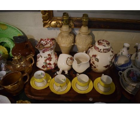 A Masons Mandalay Red Jug and Ginger Jar, Pair of Table Lamps, Coffee Cans and Saucers 