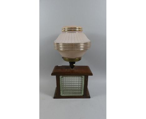A Vintage Glass Brick and Oak Lamp, with Shade, 44cm high 