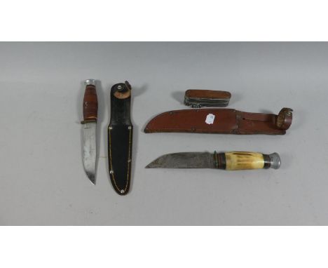 Two Hunting Knives with Scabbards Together with a Multi Tool Knife, One Blade AF 