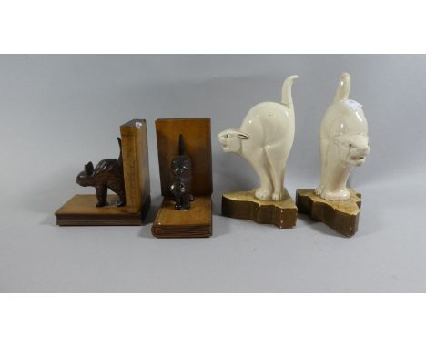 Two Pairs of Cat Bookends, Ceramic Example Having One with Tail AF 
