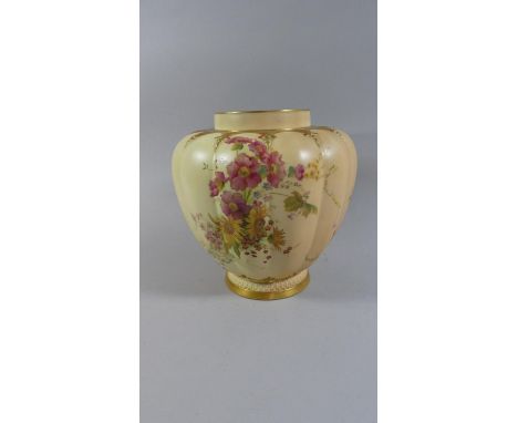 A Royal Worcester Lobed Blush Ivory Vase, No.1312 Decorated with Flowers and Gilt, Missing Lid, 22cm High 