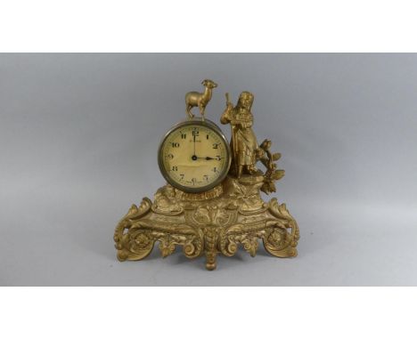 A French Gilded Spelter Mantle Clock with Drum Movement and Figural Mounts, in Need of Attention, 25cm High 