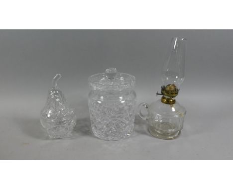A Glass Biscuit Barrel, Pear Shaped Preserve Pot and an Oil Lamp 
