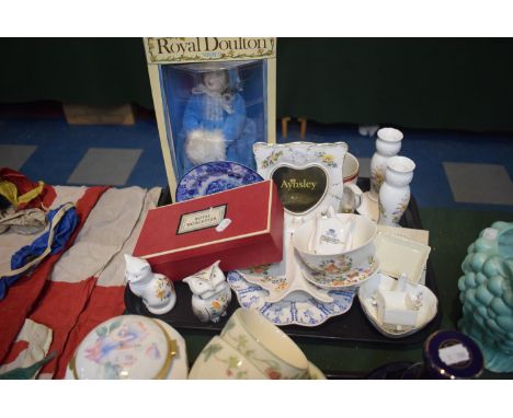 A Tray Containing Aynsley Cottage Garden Candle Sticks and Other Items, Boxed Royal Worcester Gilt Cruet, Royal Doulton Nisbe