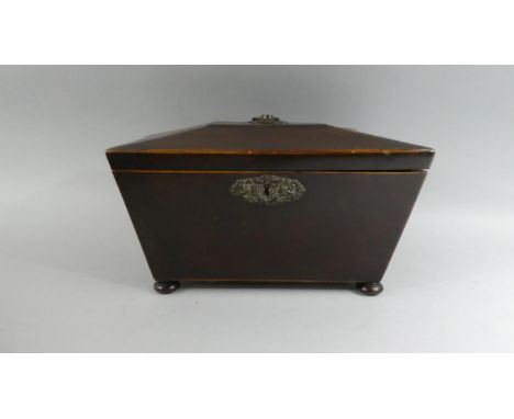 A 19th Century Sarcophagus Shaped Mahogany Tea Caddy with Hinged Lid to Fitted Interior Having Two Teaboxes and a Glass Mixin