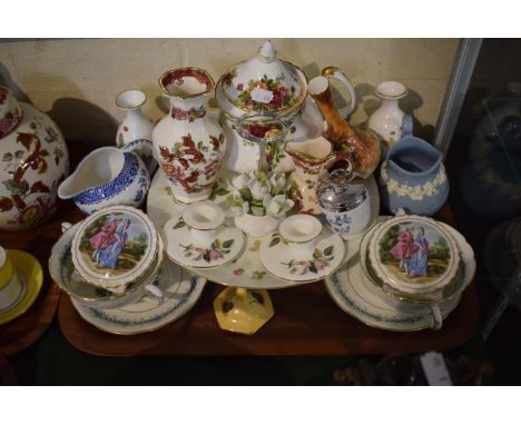 A Tray of Ceramics to Include Masons Mandalay , Wedgwood Wild Strawberry, Royal Albert Country Rose Teapot, Royal Worcester e