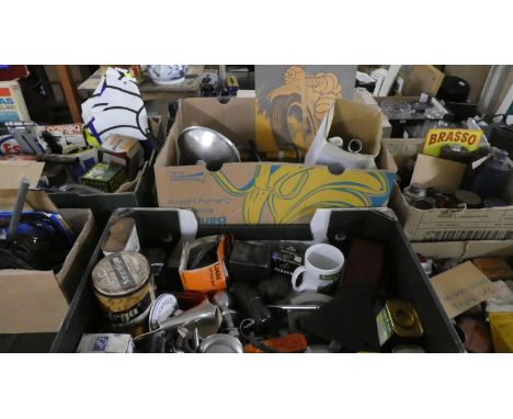 Two Boxes Containing Vintage Tins, Lamps, Tools, Michelin Sign Etc 